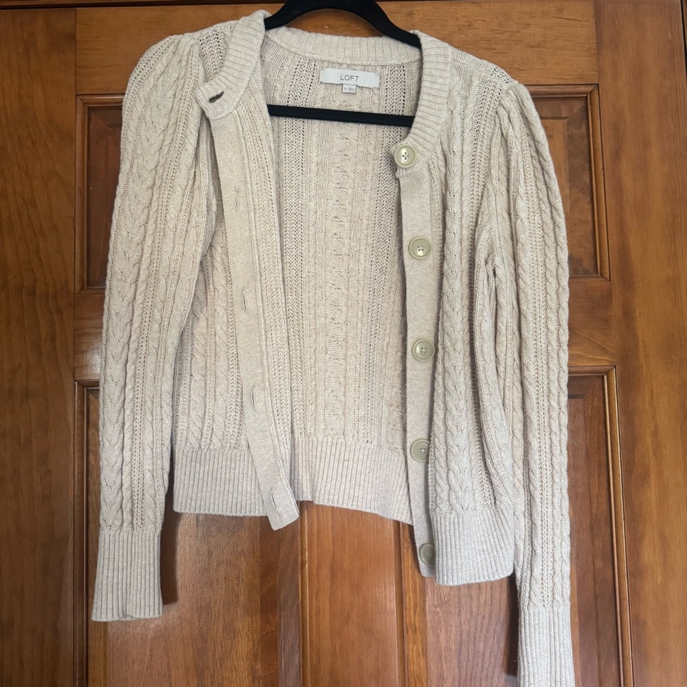 LOFT Cream Cable Knit Button-Front Puff Sleeve Sweater
